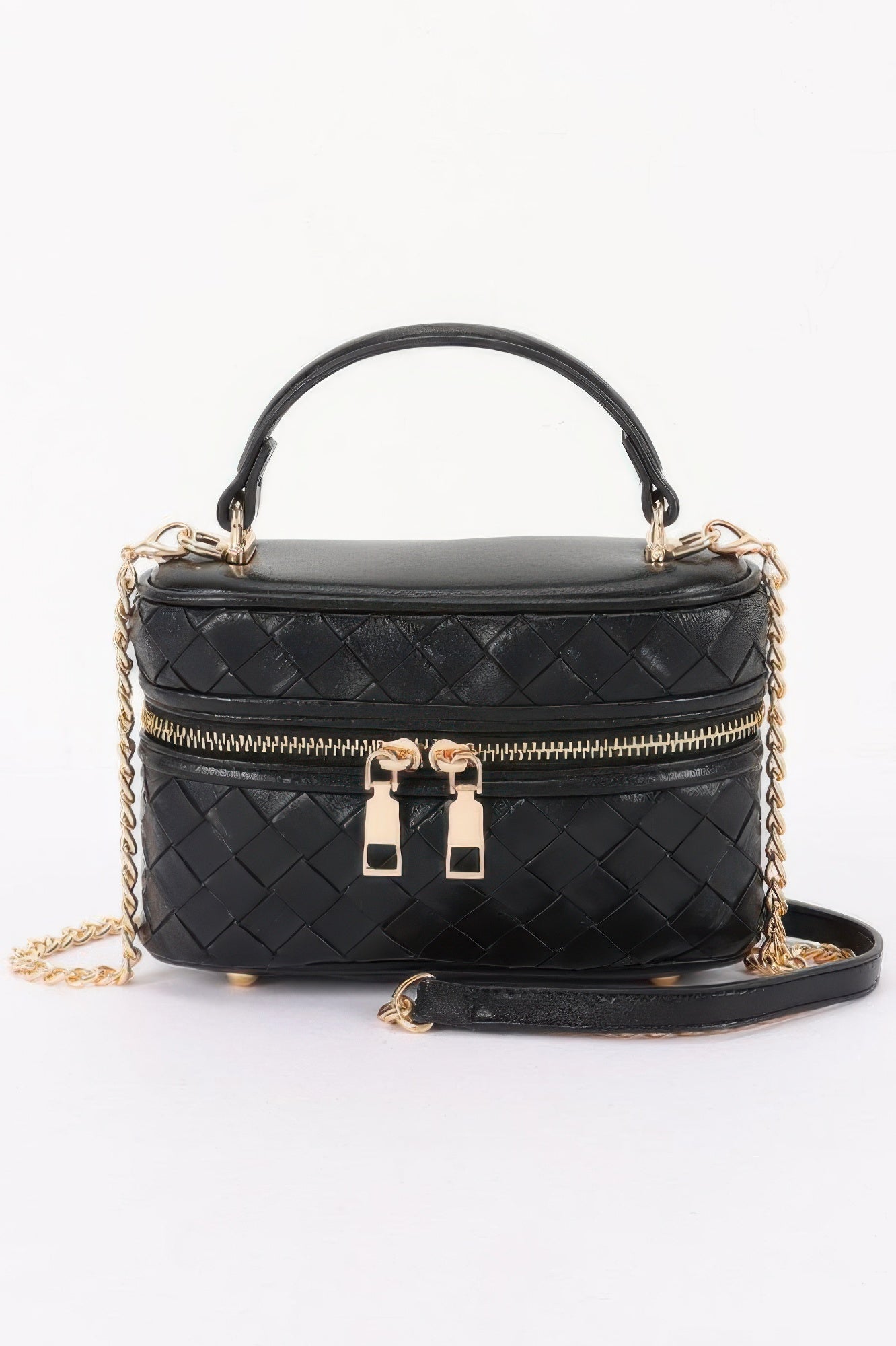 Golden Heir embossed vegan leather crossbody bag in black with gold accents, featuring a compact vanity design and adjustable strap.
