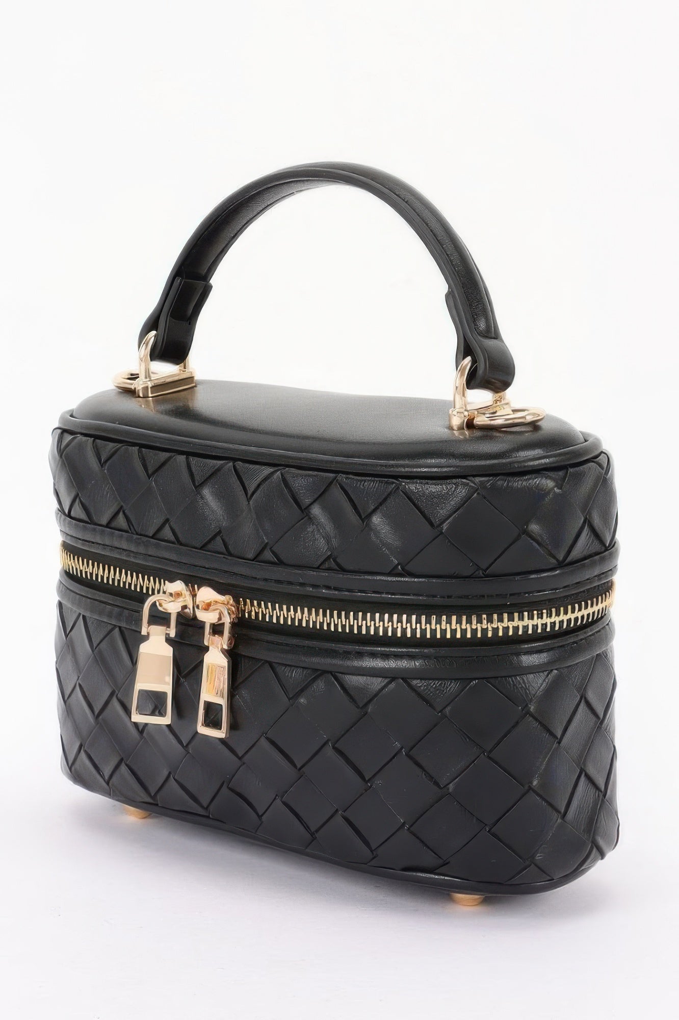 Golden Heir embossed vegan leather crossbody bag in black with gold accents, featuring a compact vanity design and adjustable strap.