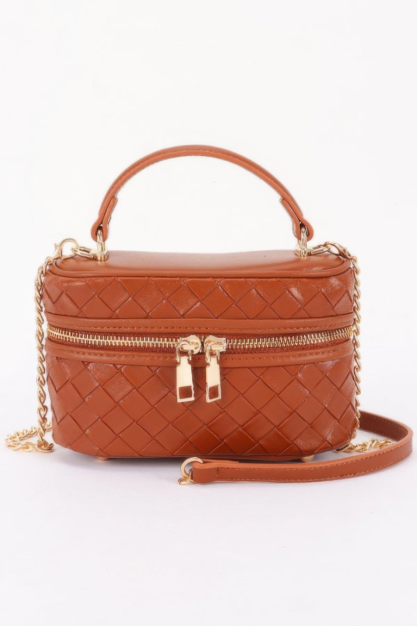 Golden Heir embossed vegan leather crossbody vanity bag in black with gold accents, featuring a compact and stylish design.