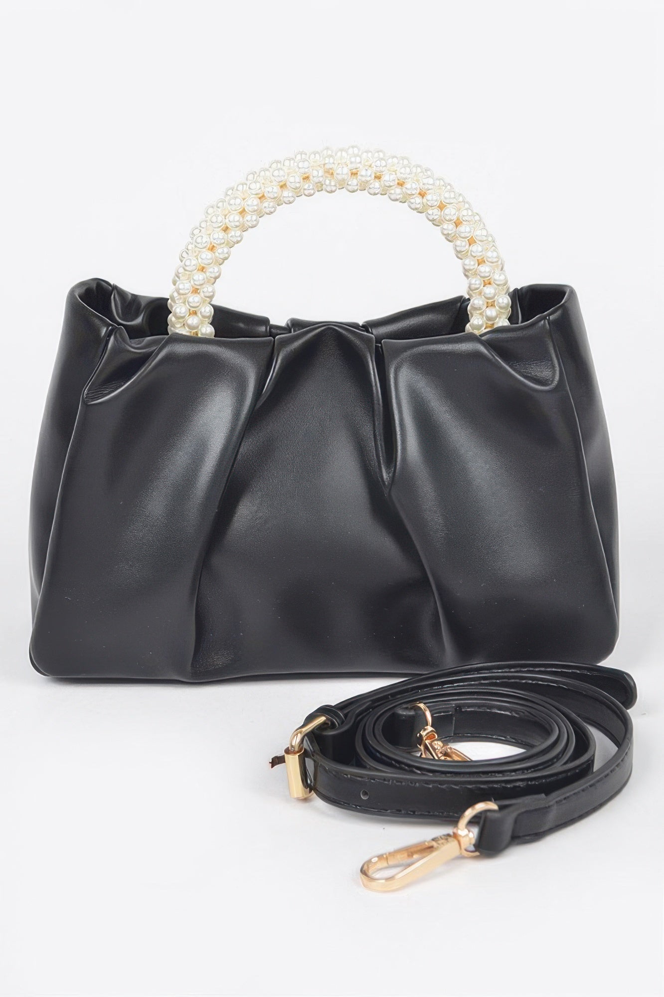 Golden Heir faux leather crossbody bag with pearl handle in black, stylish and compact for everyday use.