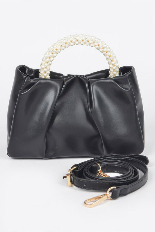 Golden Heir faux leather crossbody bag with pearl handle in black, stylish and compact for everyday use.