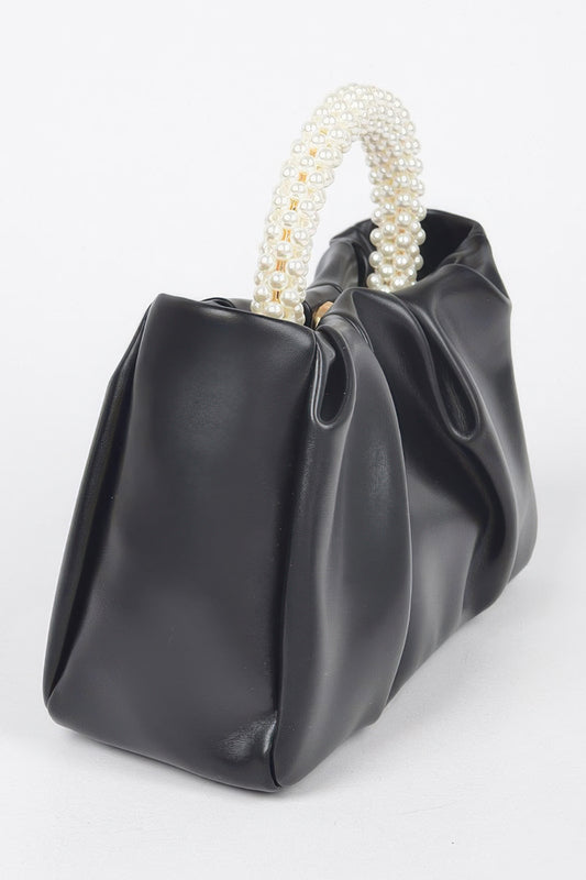 Golden Heir faux leather crossbody bag with pearl handle in black, stylish and compact accessory for everyday use.