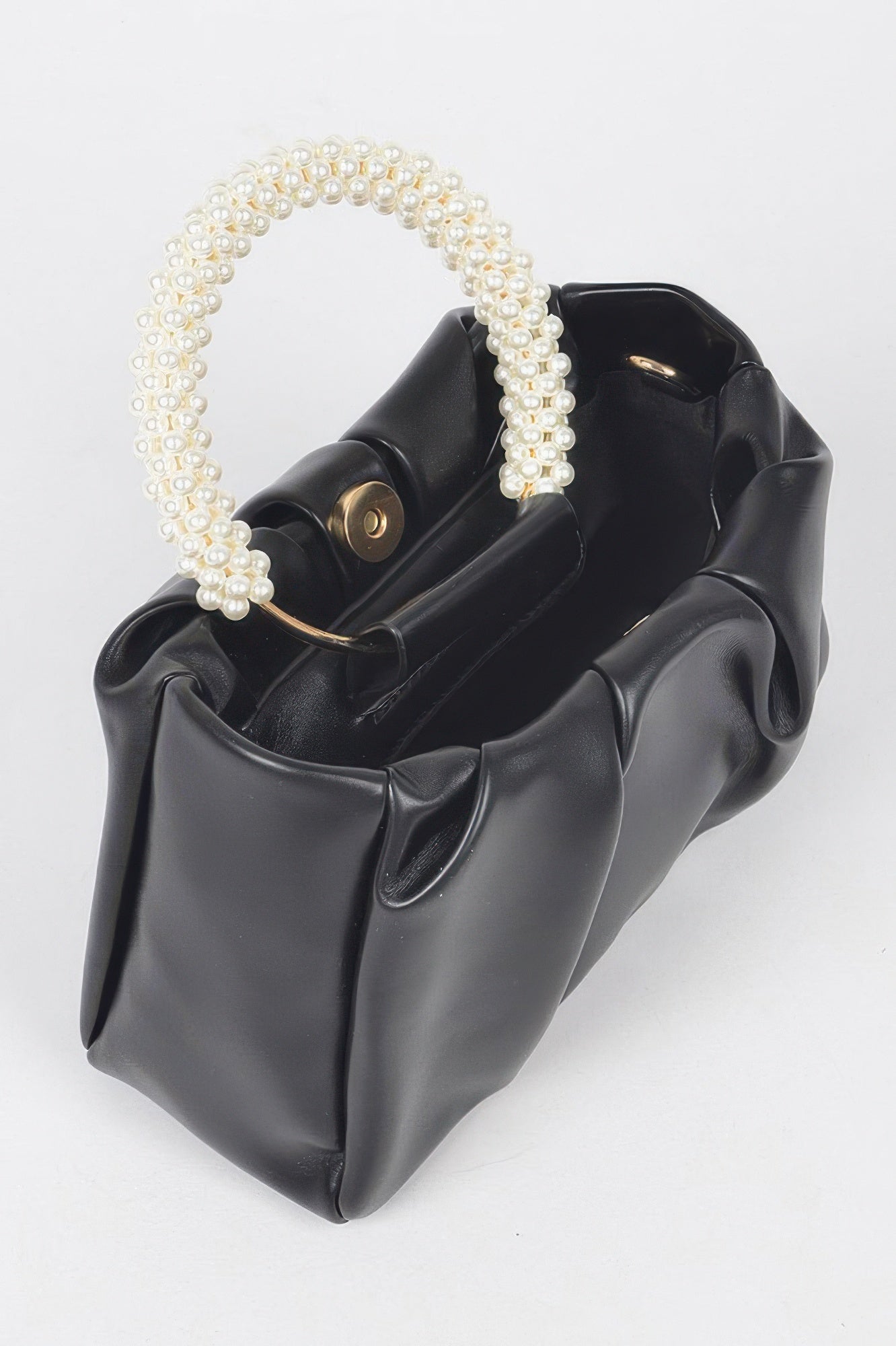 Golden Heir faux leather crossbody bag with pearl handle in black, stylish and compact for everyday use.