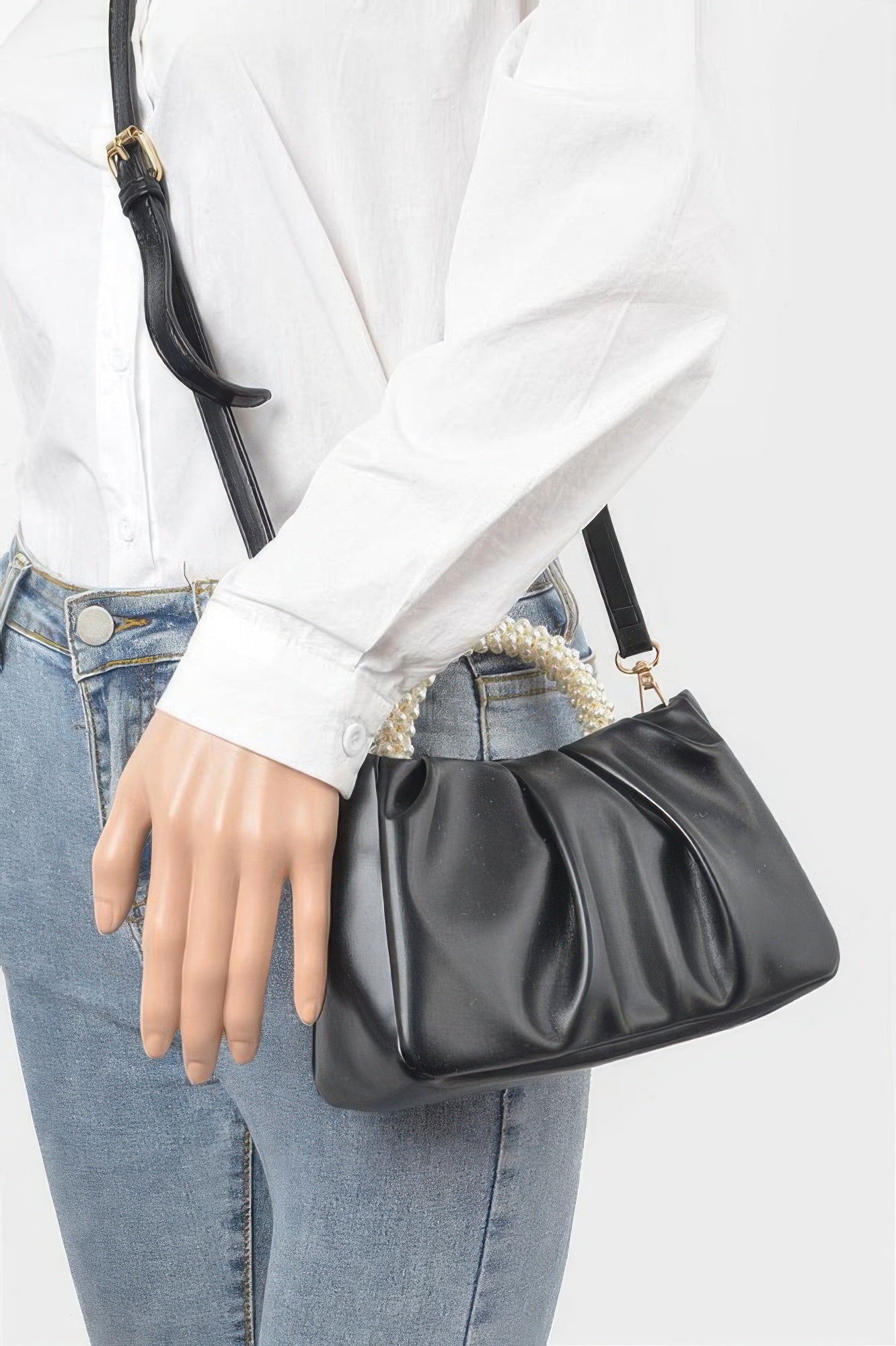 Golden Heir faux leather crossbody bag with pearl handle in black, stylish and compact for everyday use.