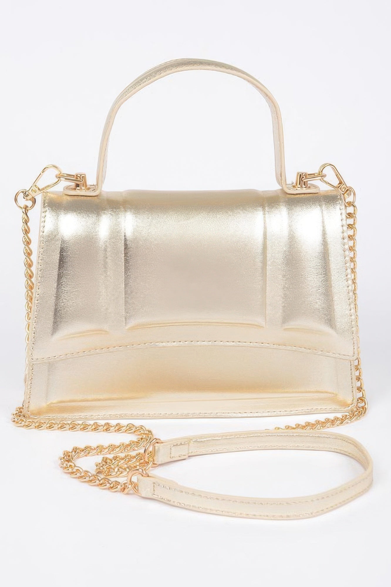 Golden Heir metallic crossbody bag with a top handle, featuring a sleek gold finish and stylish design.