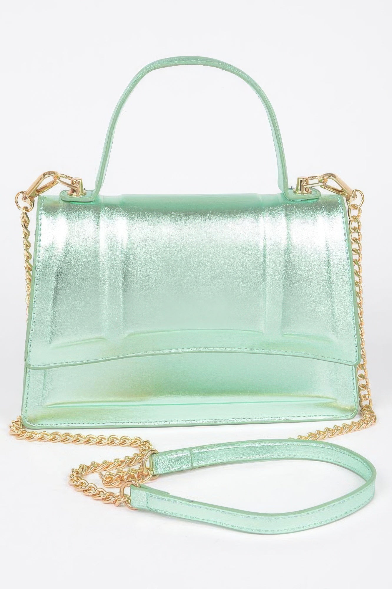 Golden Heir metallic crossbody bag with top handle in gold finish, stylish and compact for everyday use.