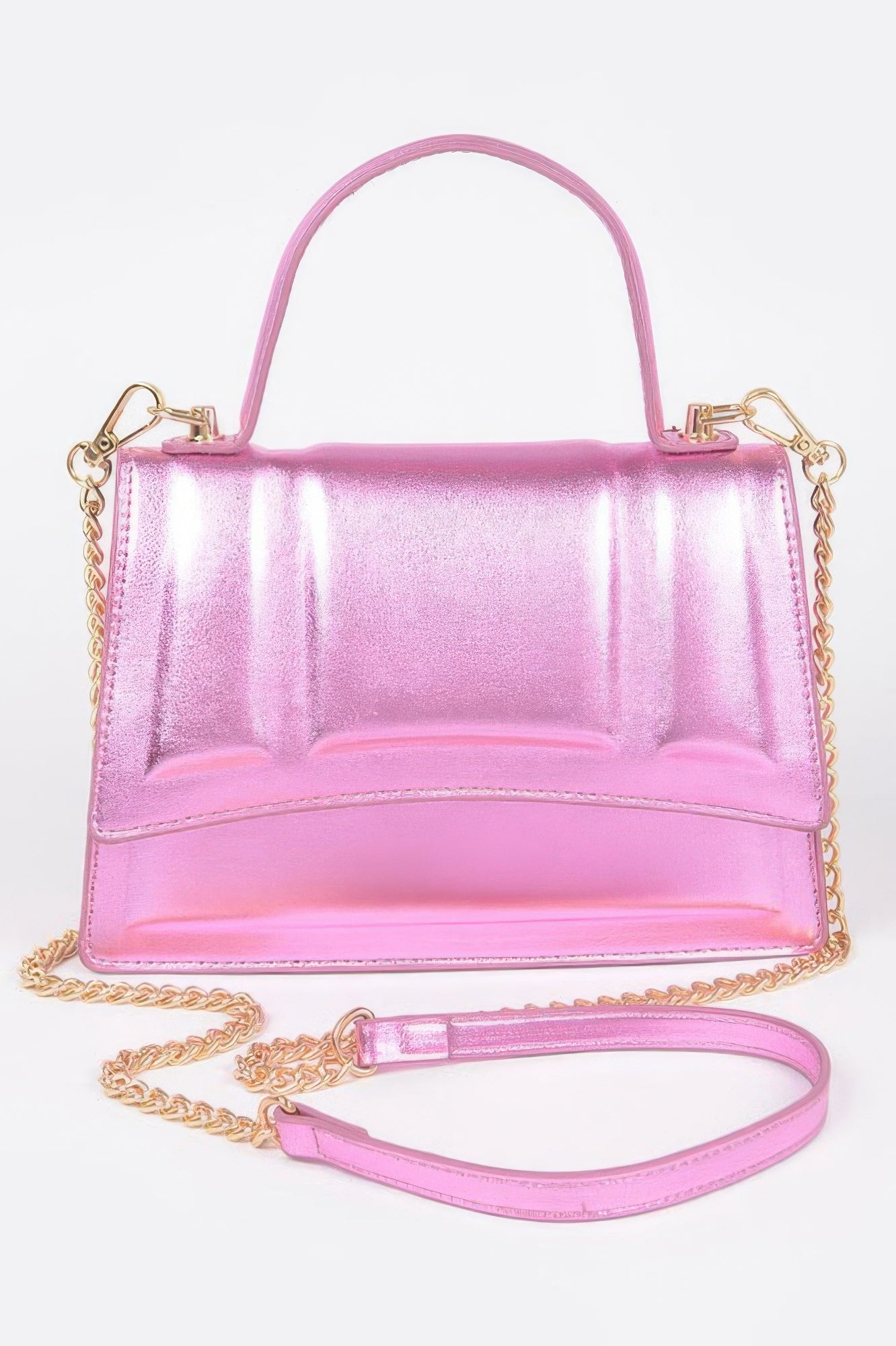 Golden Heir metallic top handle crossbody bag in gold with sleek design and adjustable strap.