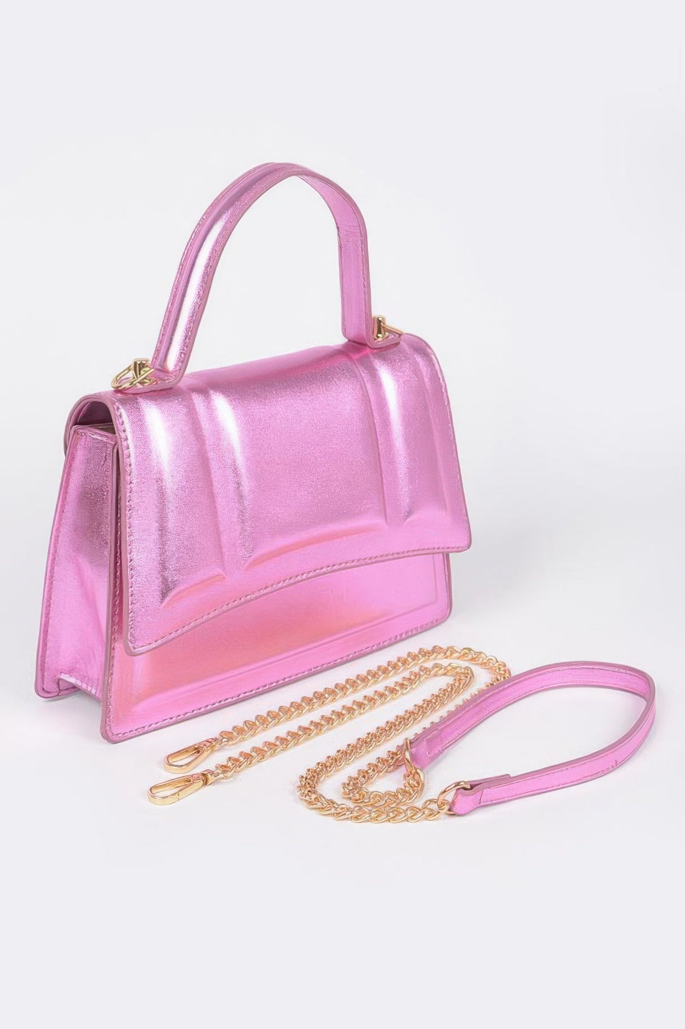 Golden Heir metallic top handle crossbody bag in gold with a sleek design and adjustable strap.