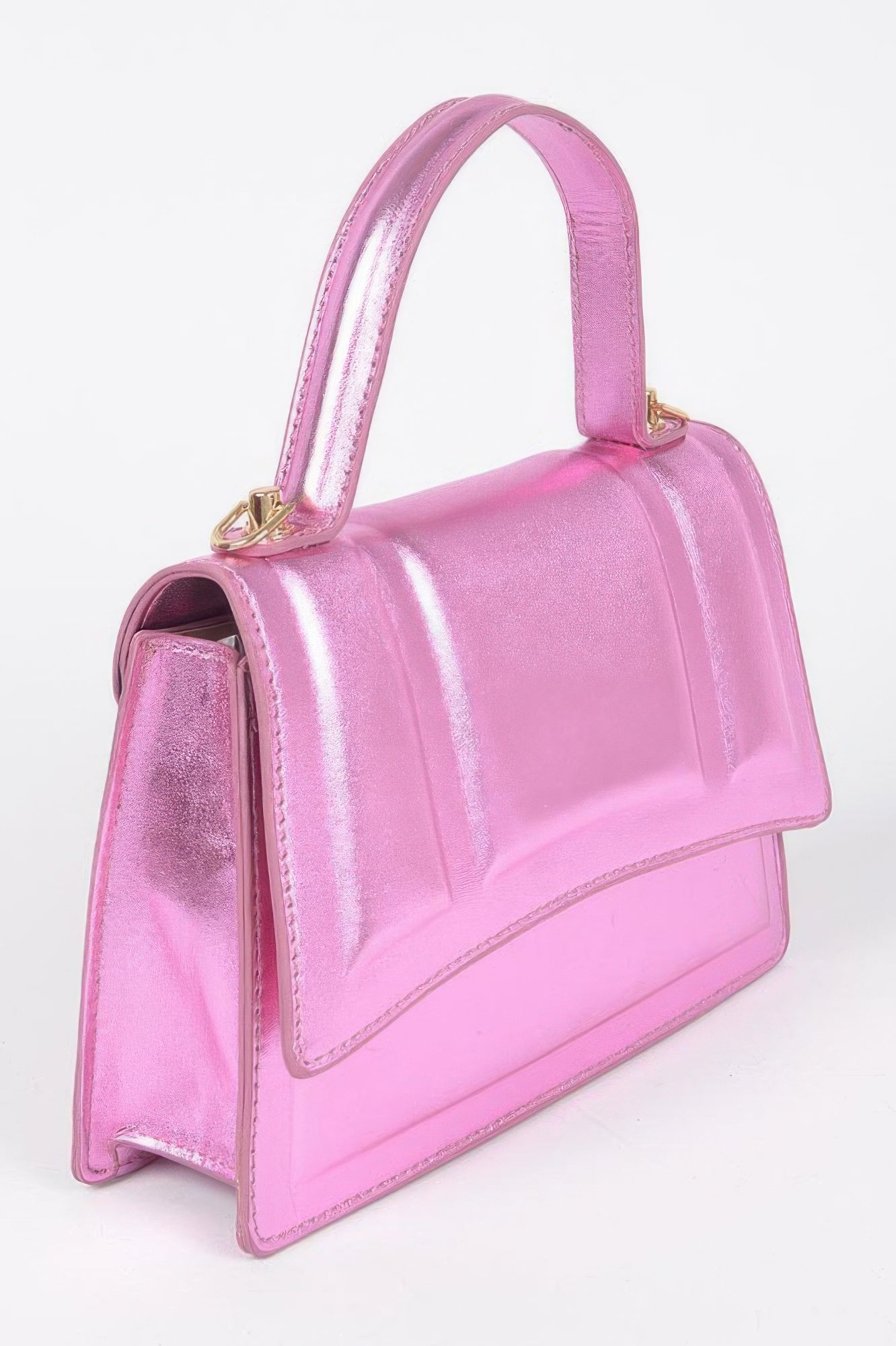 Golden Heir metallic top handle crossbody bag in gold with sleek design and adjustable strap.