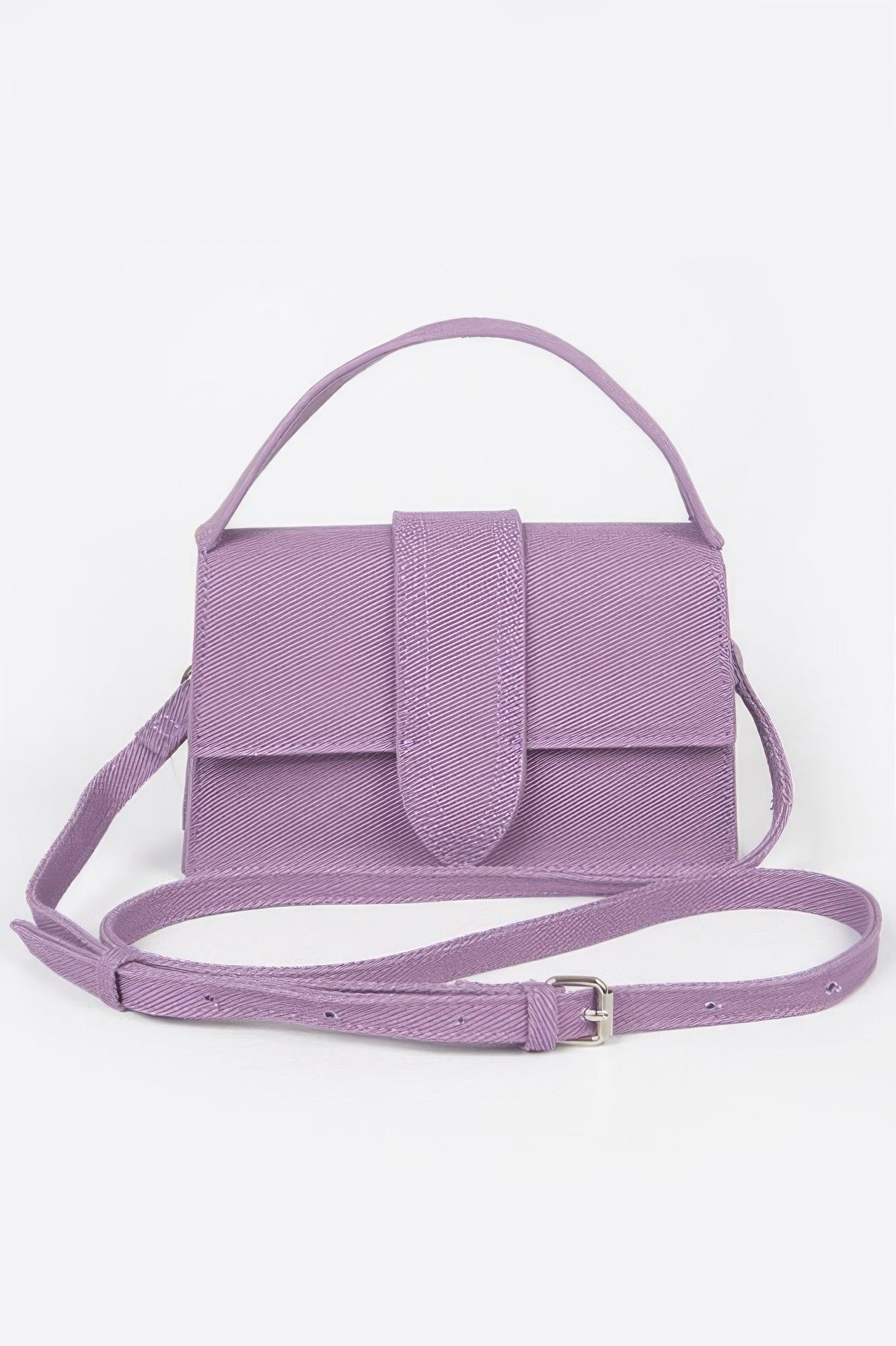 Lavender denim crossbody bag by Golden Heir with top handle and adjustable strap, stylish and functional accessory.