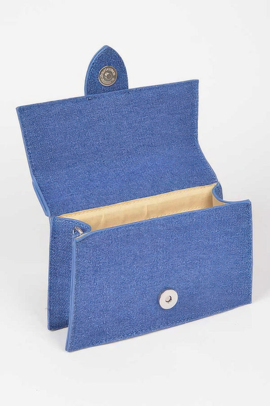 Golden Heir denim crossbody bag with top handle in lavender, featuring a stylish design and compact size for daily use.