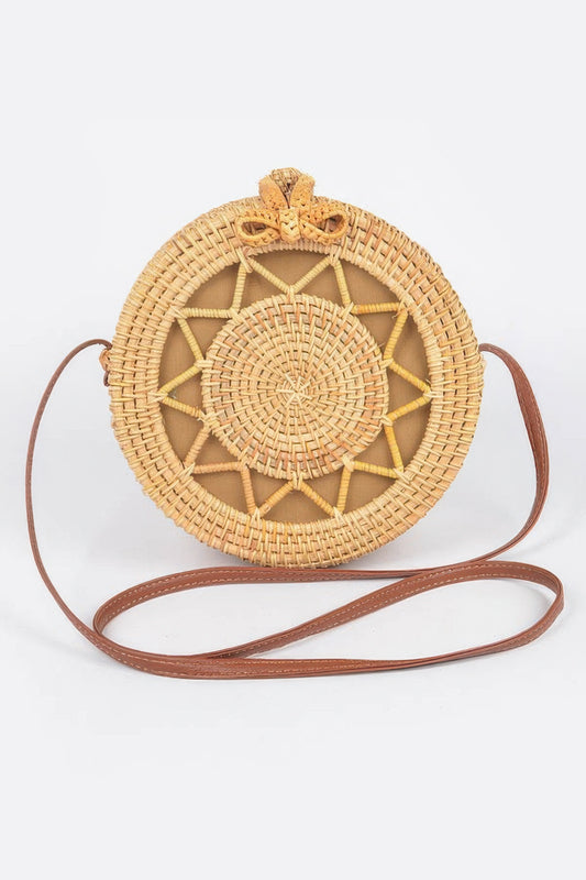 Golden Heir bamboo round crossbody bag with natural woven design, compact and stylish for everyday use.