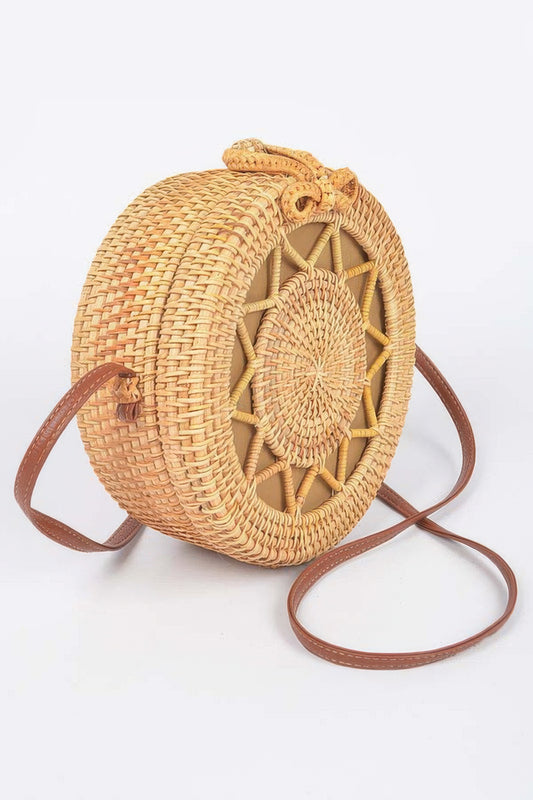 Golden Heir bamboo round crossbody bag with natural finish, featuring a stylish and eco-friendly design.