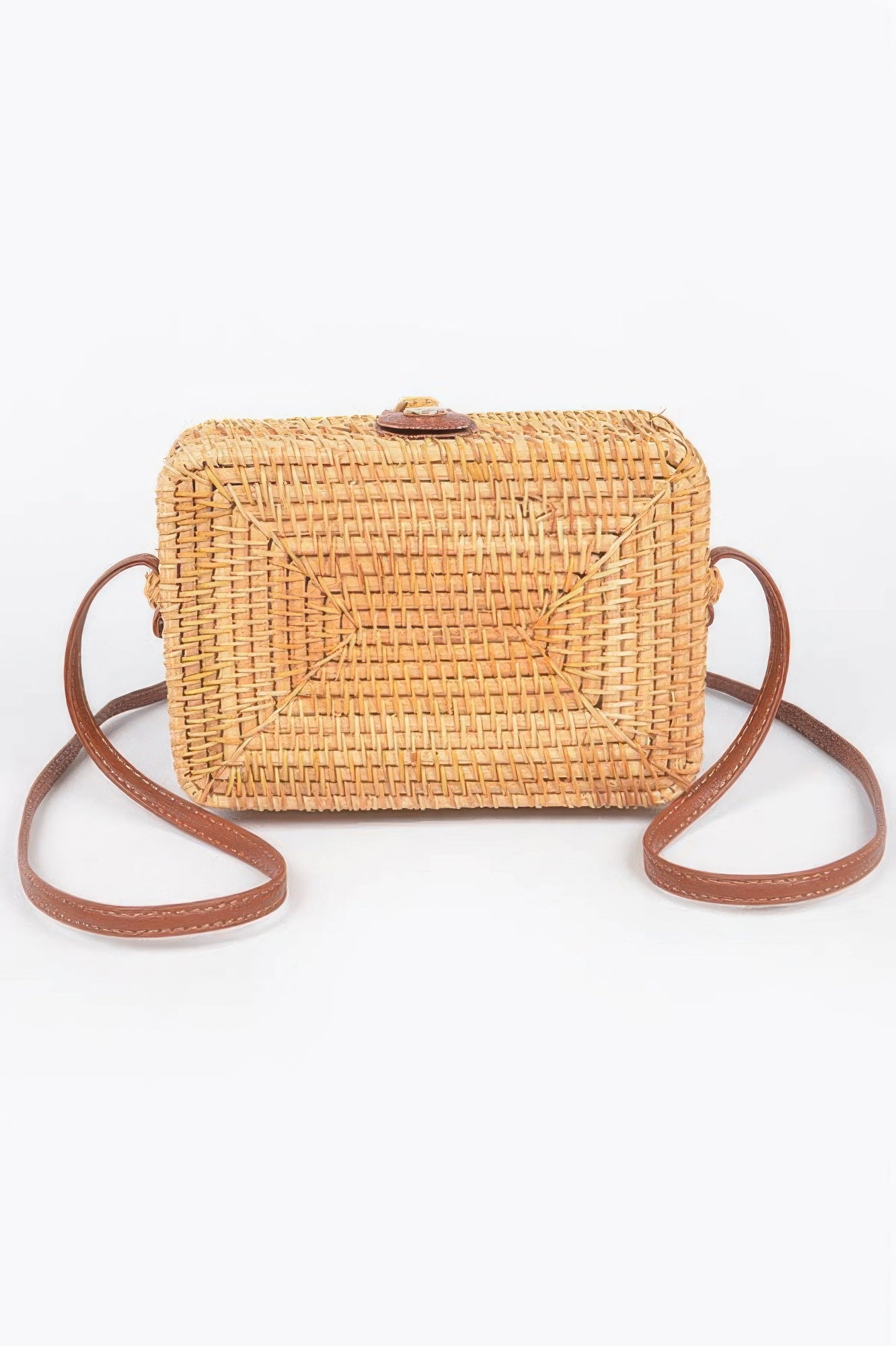 Golden Heir crossbody bamboo box bag with natural finish, featuring a stylish rectangular shape and adjustable strap.
