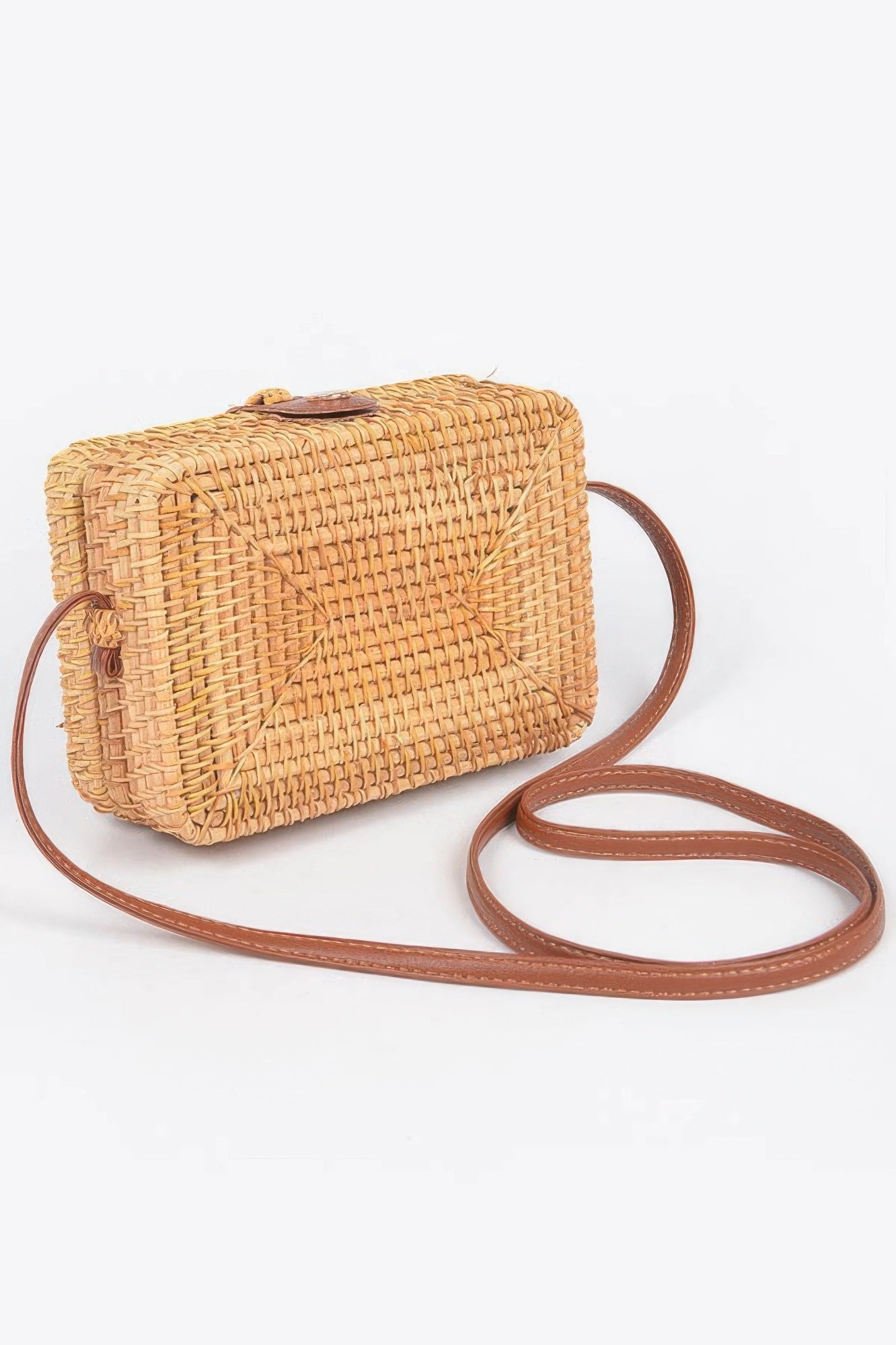 Golden Heir crossbody bamboo box bag with natural finish, compact design, and adjustable strap for stylish everyday wear.
