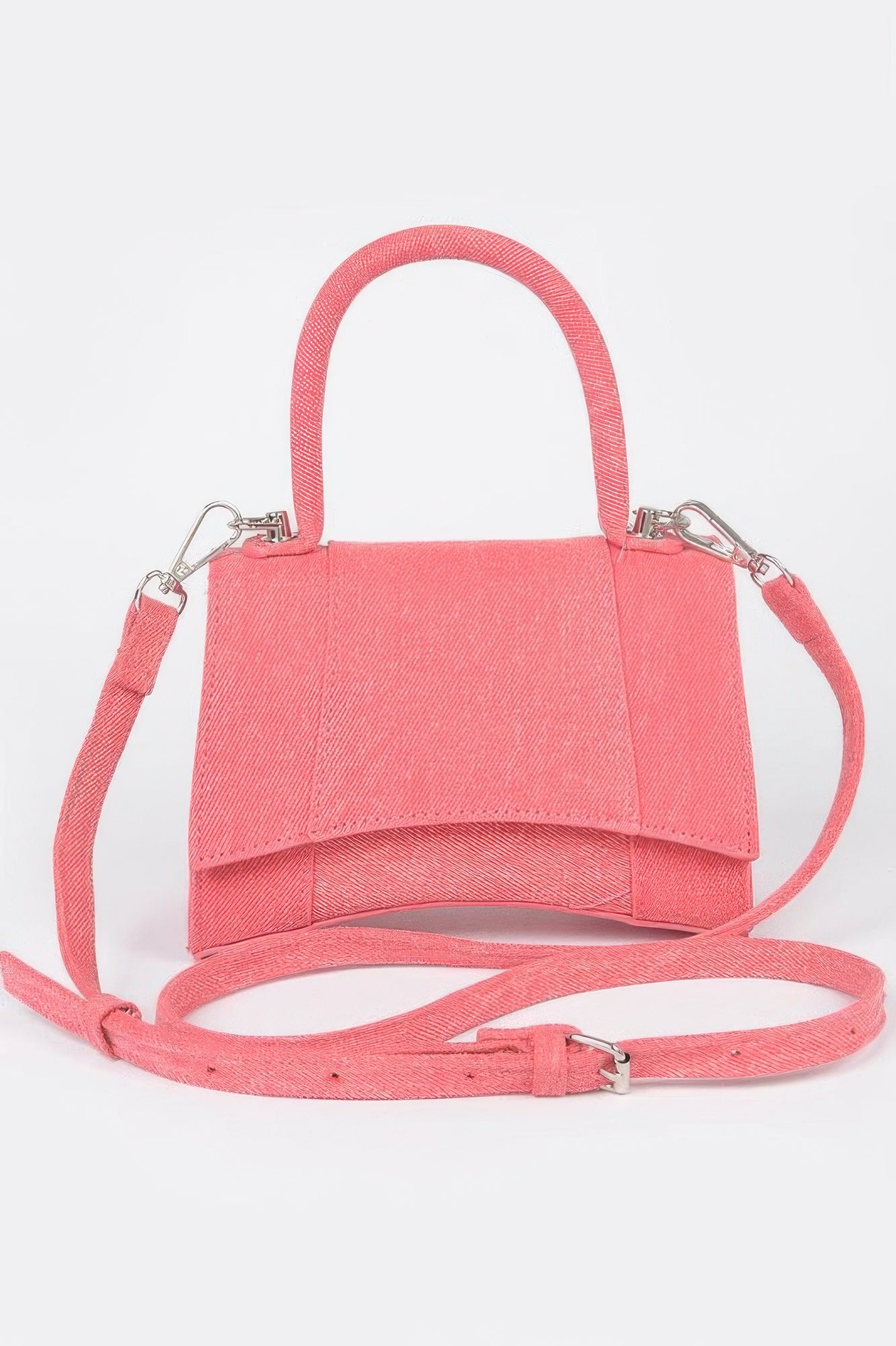 Golden Heir denim crossbody bag with top handle in pink, featuring a stylish and functional design for casual and chic looks.