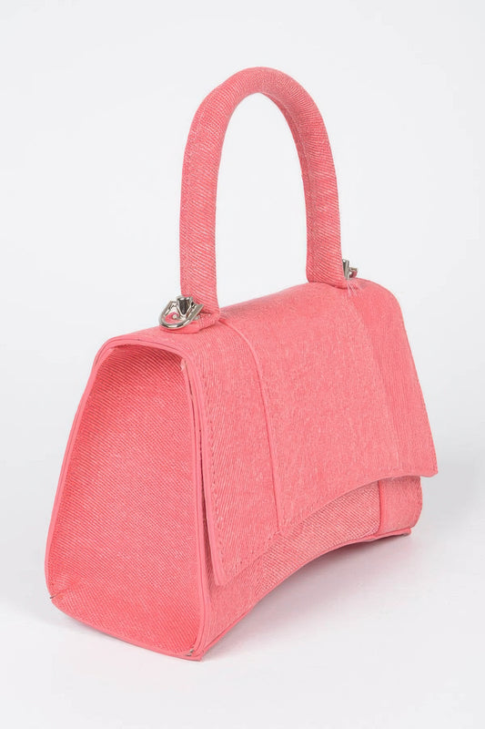 Golden Heir denim crossbody bag with top handle in pink, featuring a stylish and versatile design for everyday use.