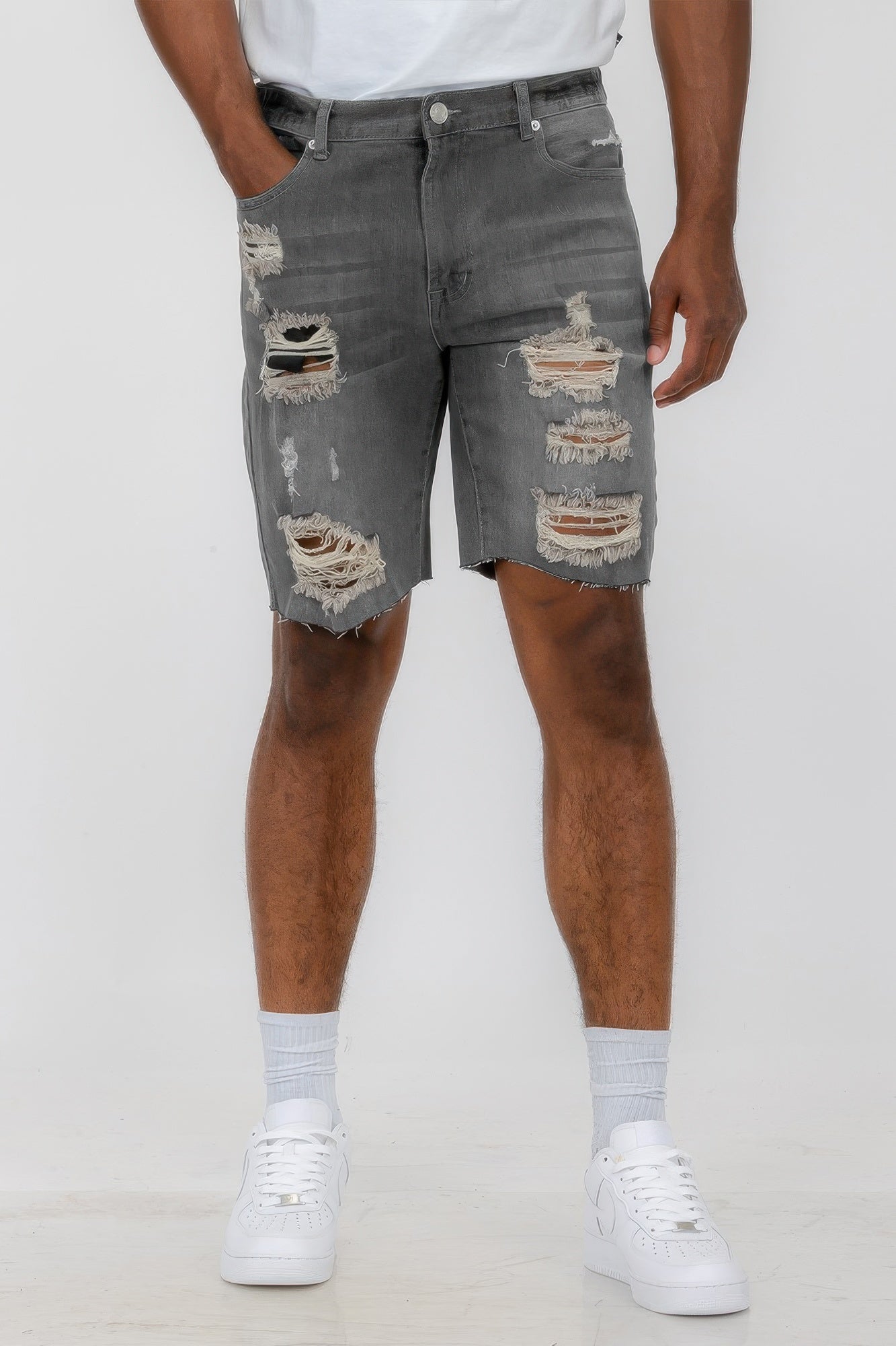Golden Heir distressed stretch denim shorts in black, featuring a casual fit and fashionable design.
