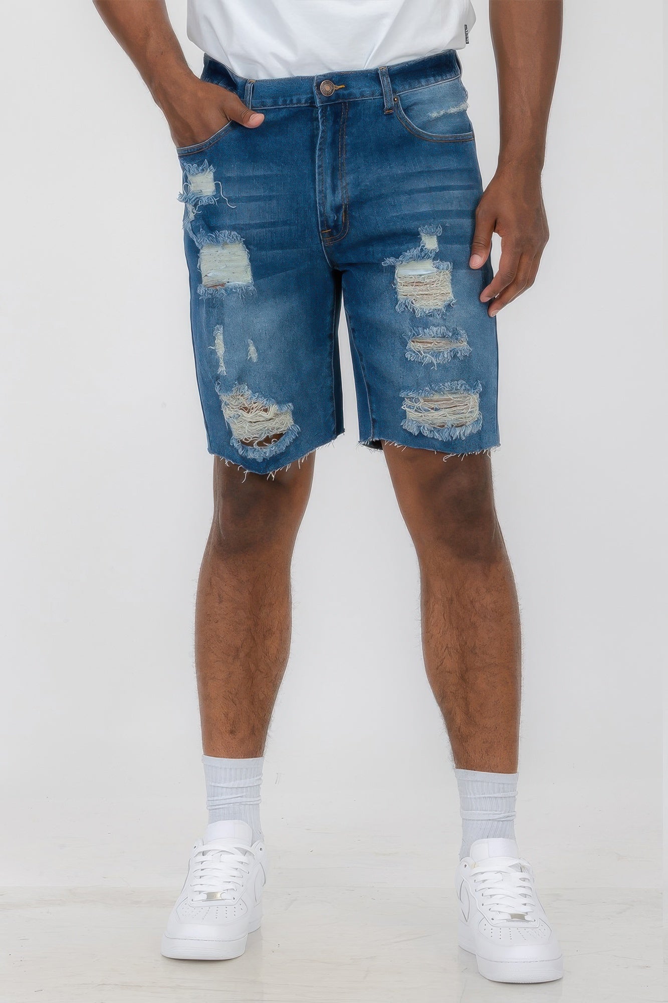 Golden Heir distressed stretch denim shorts in black, featuring a casual fit and frayed hem for a stylish, relaxed look.