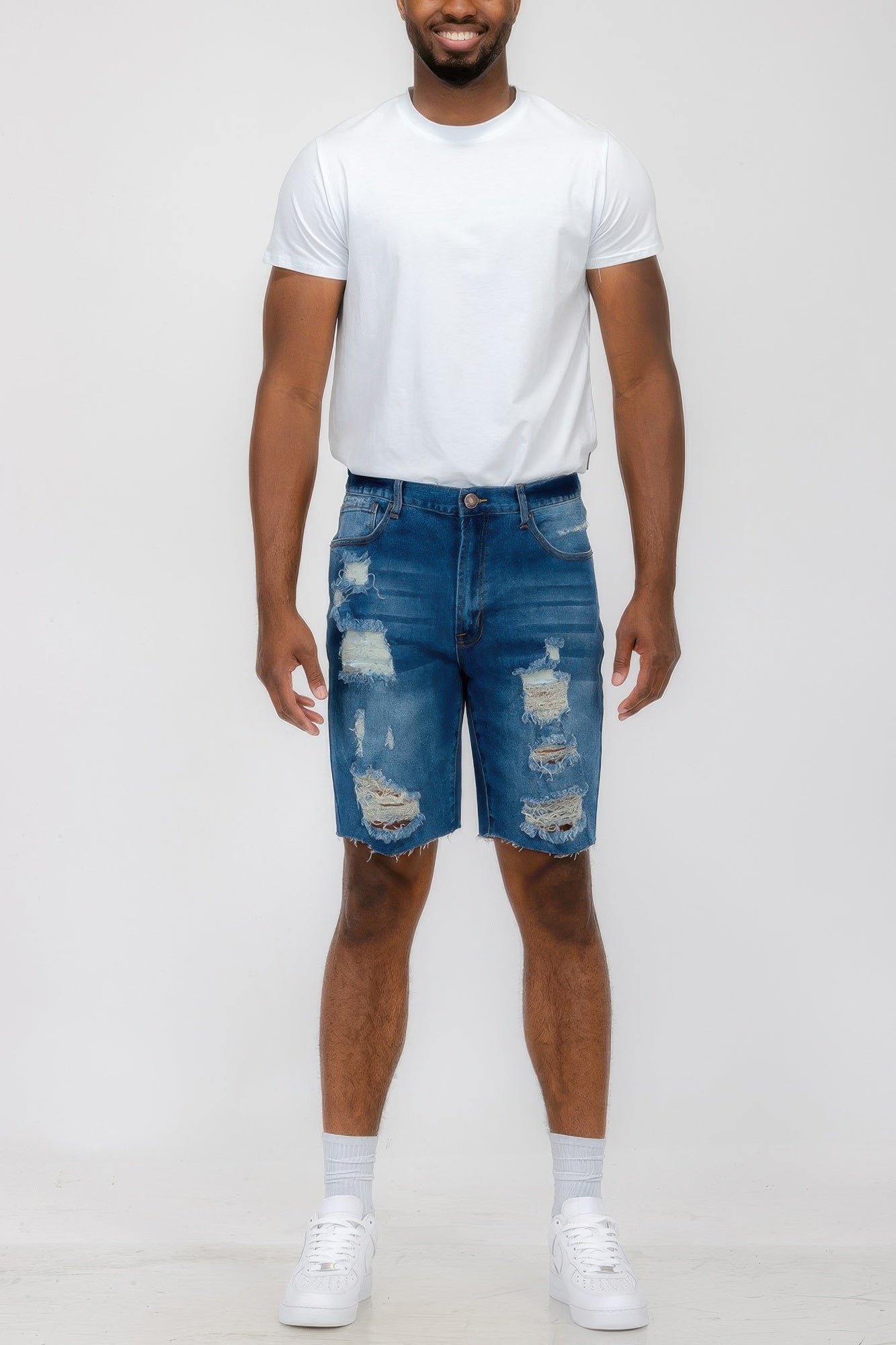Golden Heir distressed stretch denim shorts in black, featuring a casual fit and frayed hem, perfect for summer wear.