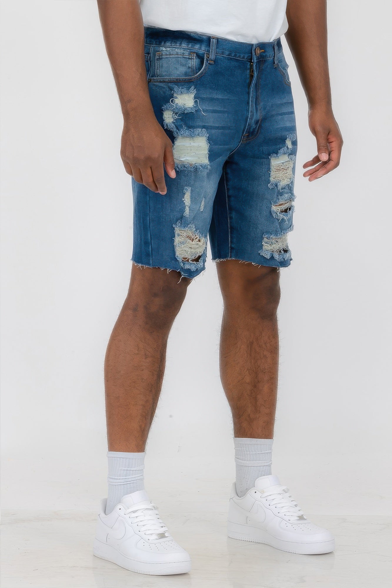 Golden Heir distressed stretch denim shorts in black, featuring a casual fit and frayed hem, designed for a trendy, relaxed look.