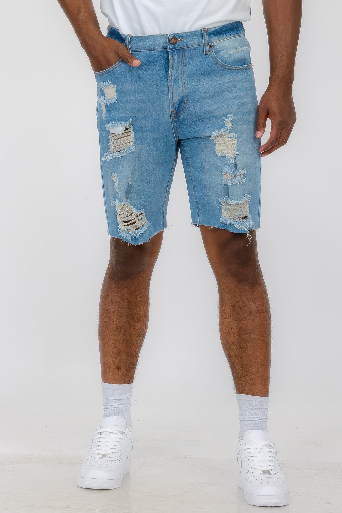 Golden Heir distressed stretch denim shorts in black, featuring a casual fit and frayed hem for a trendy, relaxed look.