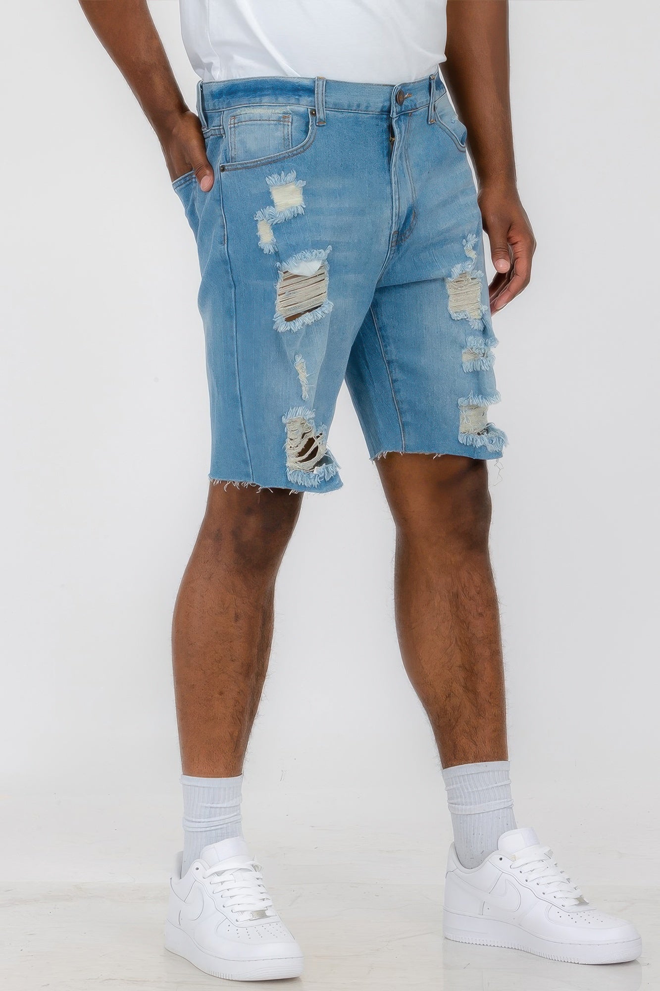 Golden Heir distressed black stretch denim shorts, casual fit, front view showing frayed edges and classic five-pocket design.