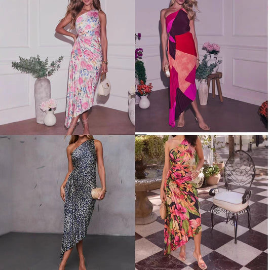 Black off-shoulder printed women's dress with ruched design by Golden Heir, showcasing a stylish and sexy dress with floral pattern.