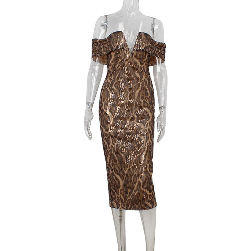 Golden Heir women's leopard-print off-shoulder evening gown with V-neck, elegant and stylish for formal occasions.