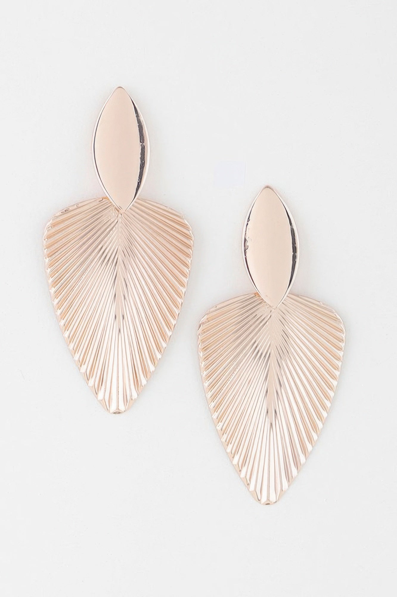 Golden Heir modern ribbed leaf drop earrings in gold with a sleek, elegant design, perfect for stylish accessories.