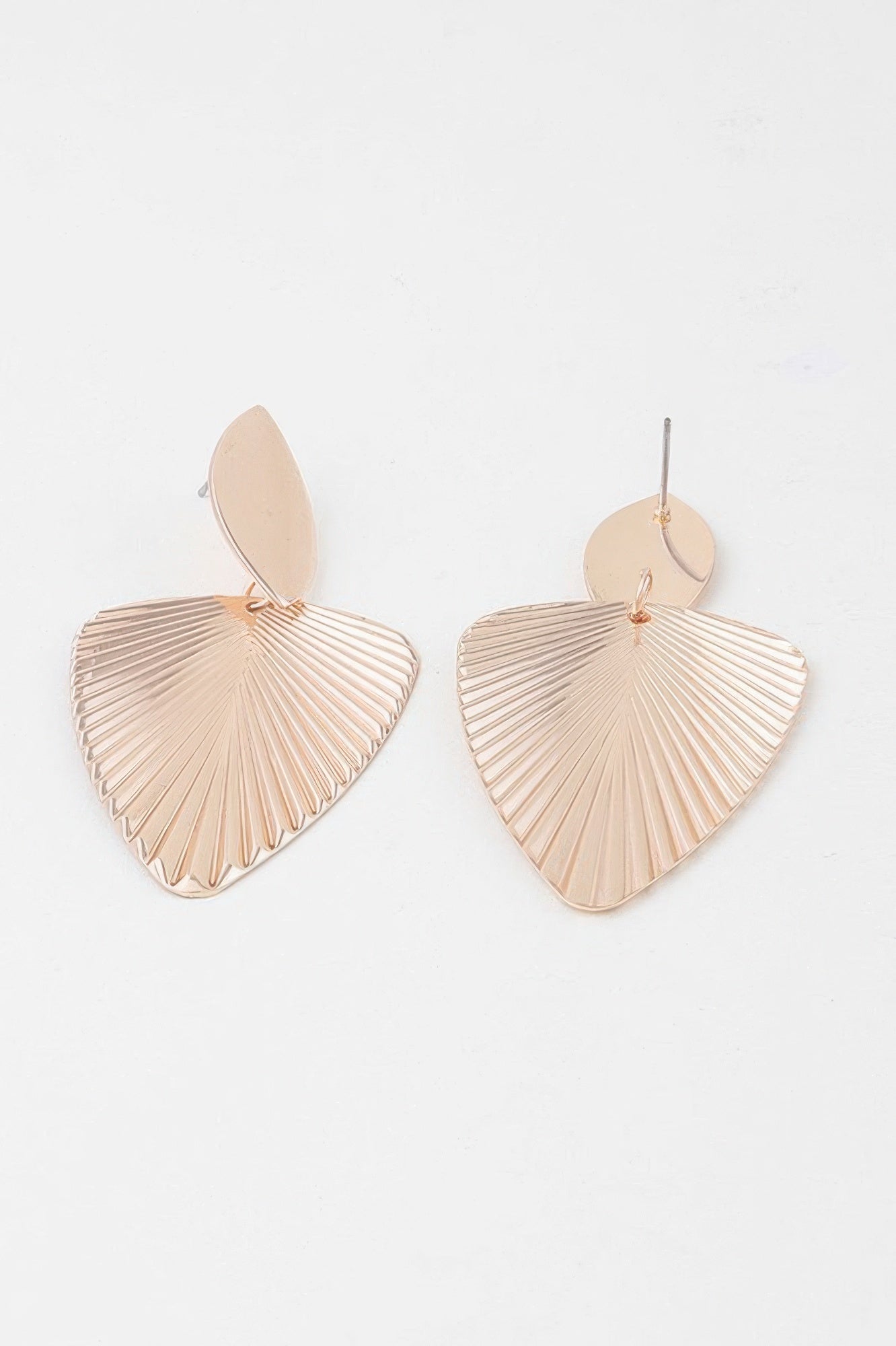 Golden Heir Modern Ribbed Leaf Drop Earrings in gold with textured leaf design and elegant hanging style.