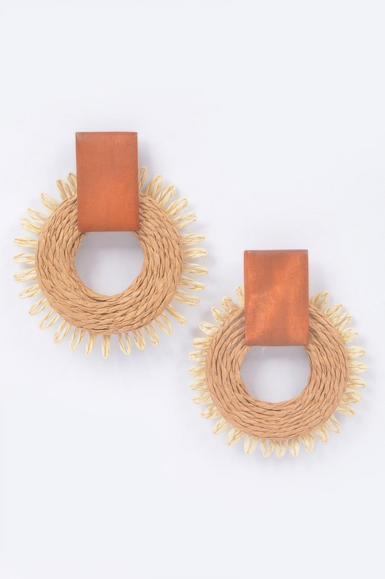 Golden Heir faux straw round drop earrings featuring ivory and gold tones, stylish and lightweight accessory for casual or formal wear.