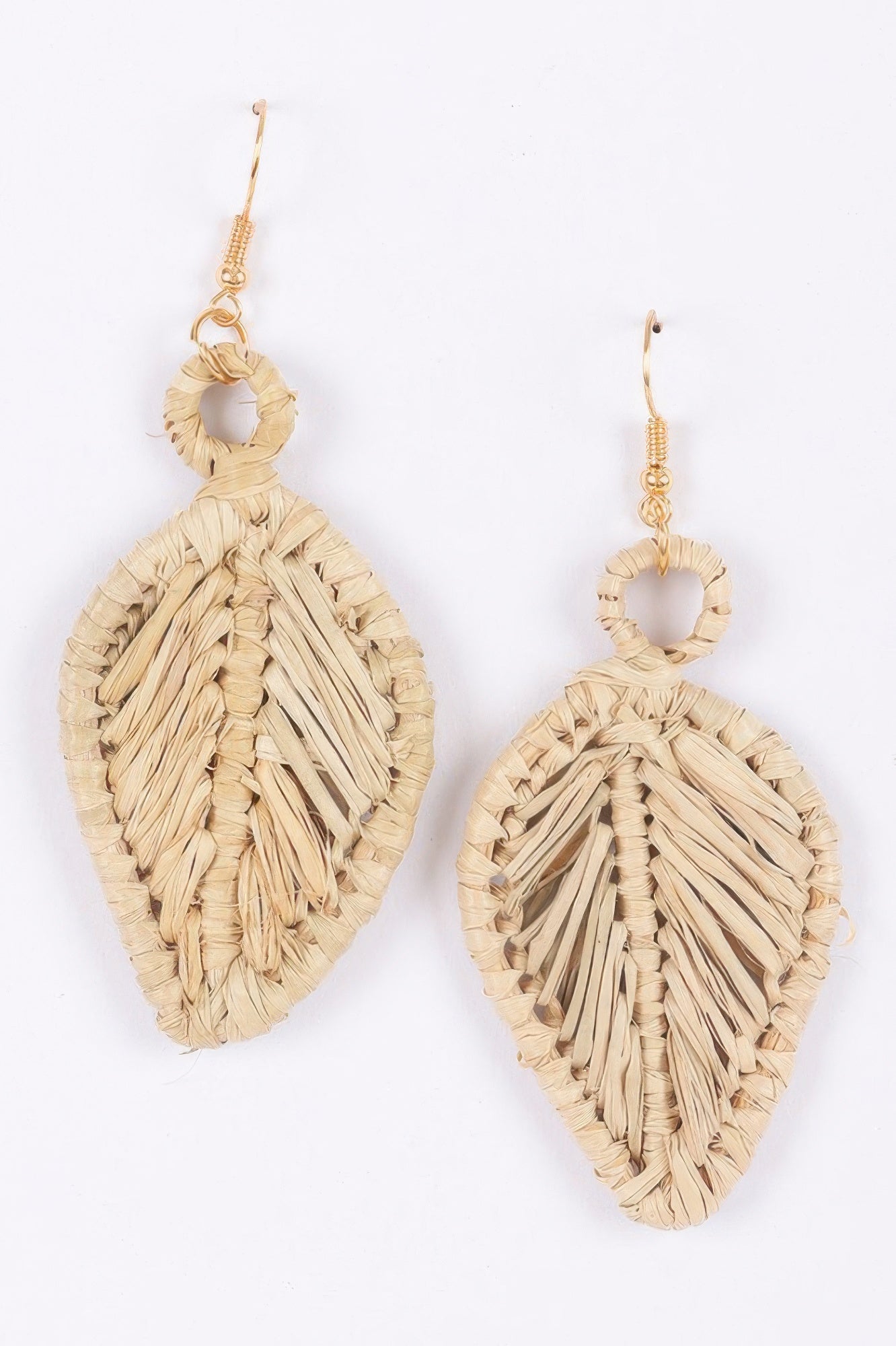 Golden Heir faux straw drop earrings with ivory accents, featuring a bold statement design for stylish accessory wear.
