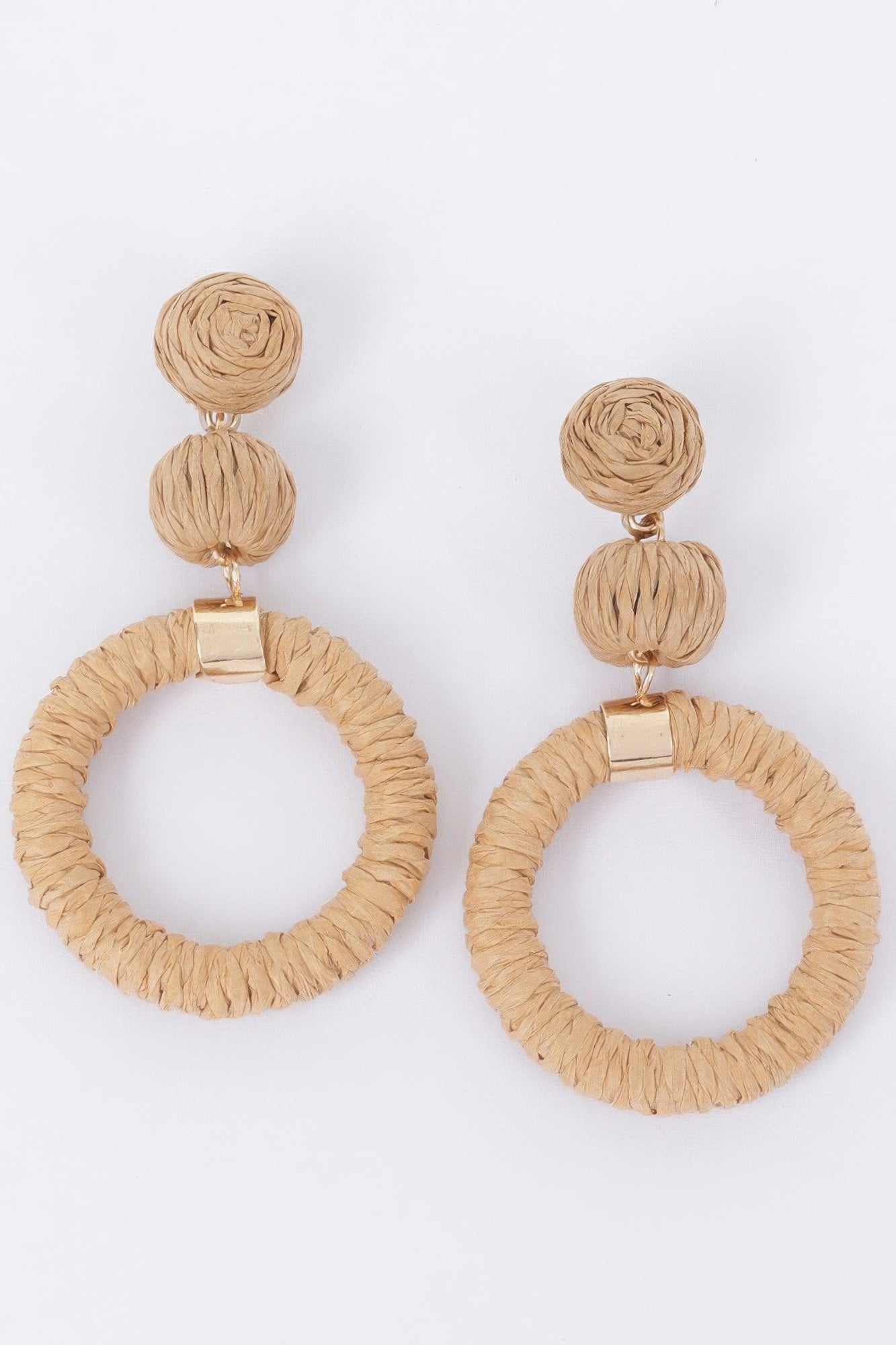 Golden Heir round faux straw statement drop earrings in khaki and gold, featuring a stylish circular design.