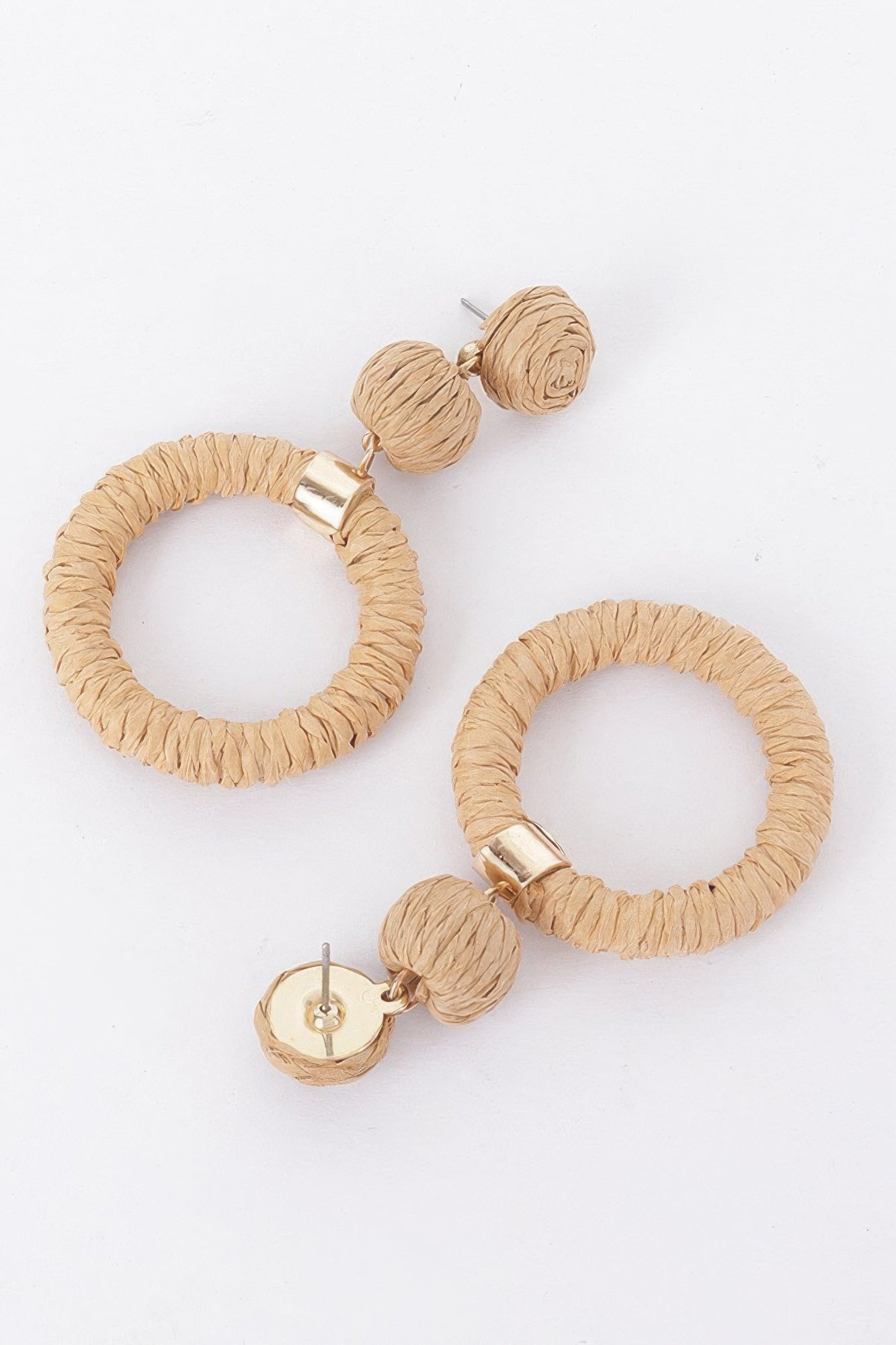 Golden Heir round faux straw drop earrings with khaki and golden tones, statement jewelry for a stylish look.