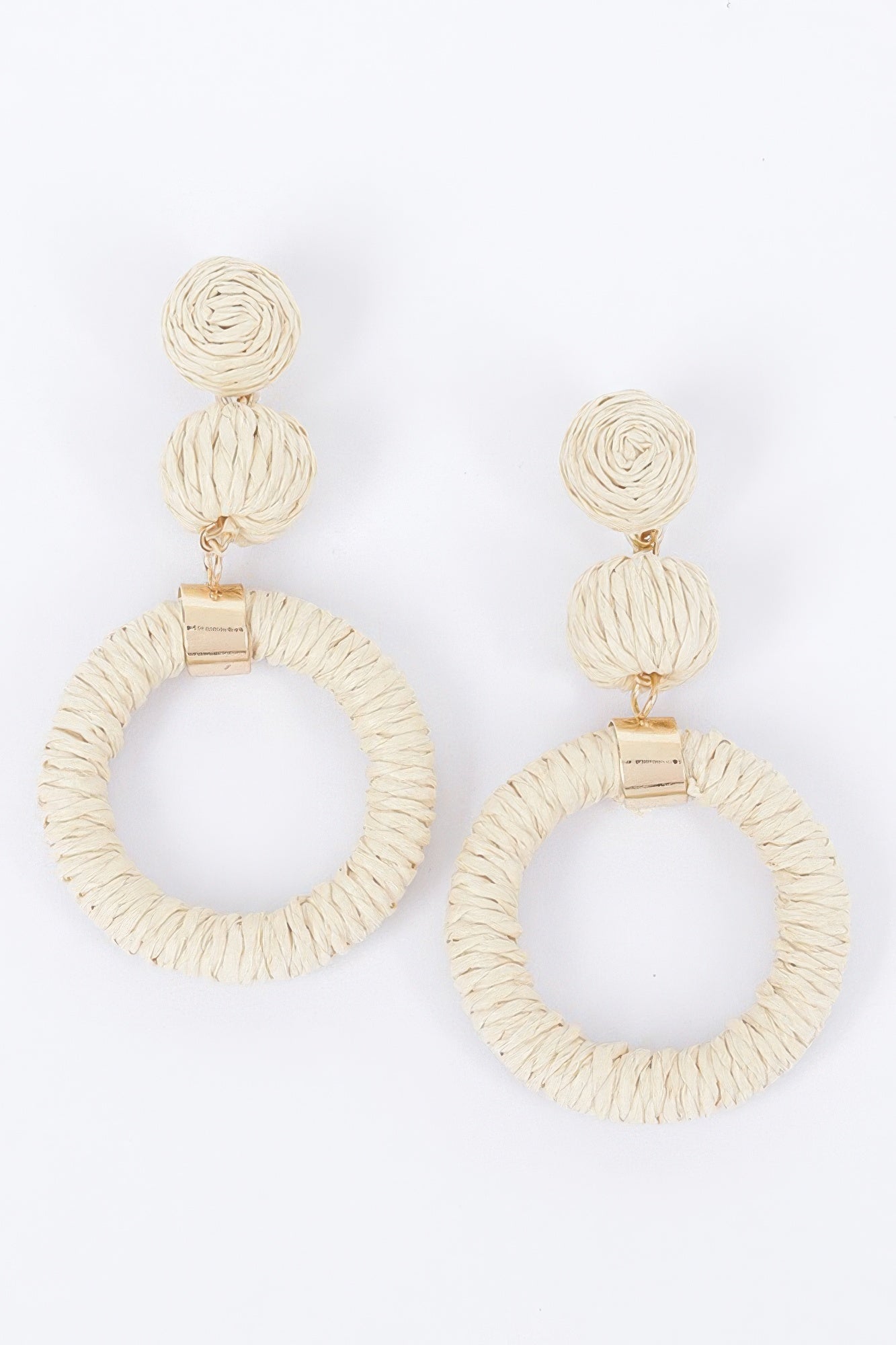Golden Heir round faux straw drop earrings with a golden finish, featuring a statement design perfect for stylish accessories.