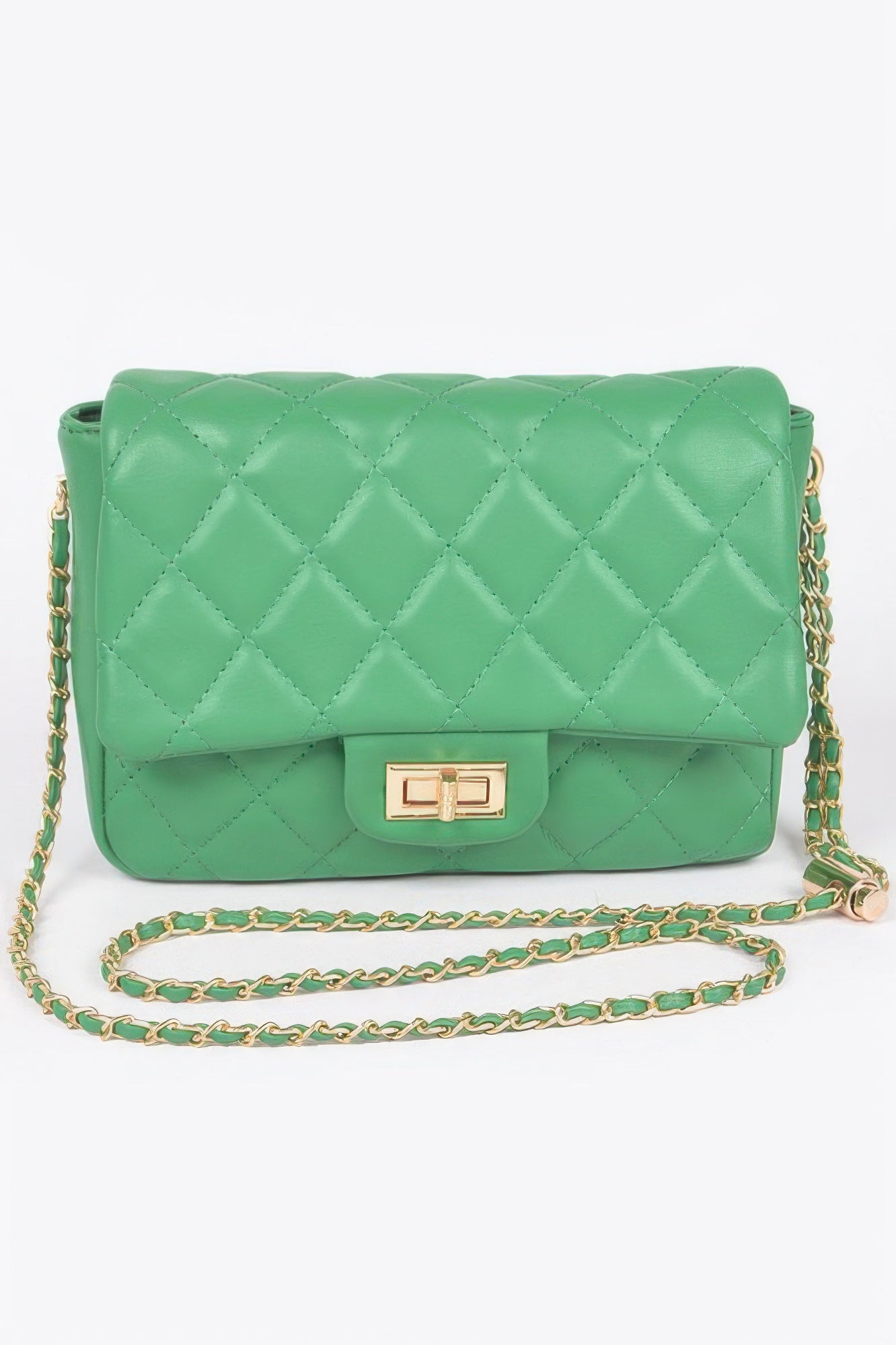 Golden Heir quilted faux leather flap bag in nude color with gold-tone hardware and a stylish, structured design.