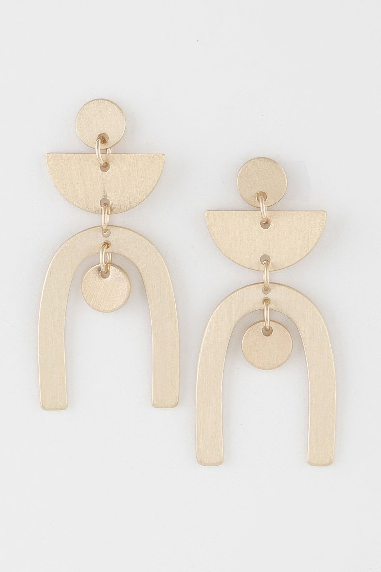 Golden Heir multi-shape gold arch drop earrings featuring various geometric designs and elegant dangles.