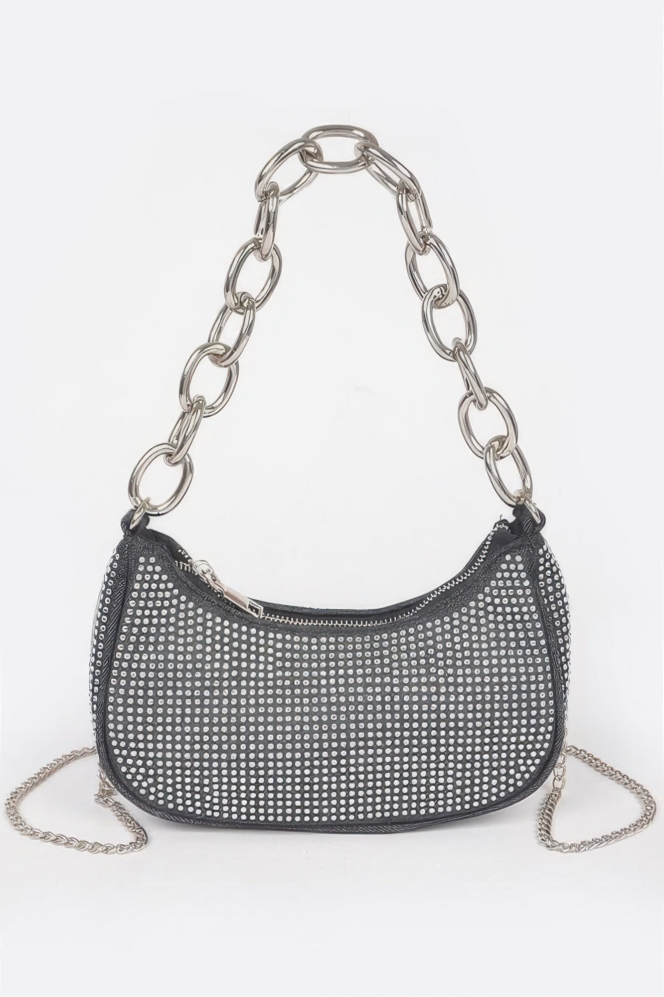 Golden Heir small black hobo bag with hot fix stone embellishments and a chain strap for a stylish look.