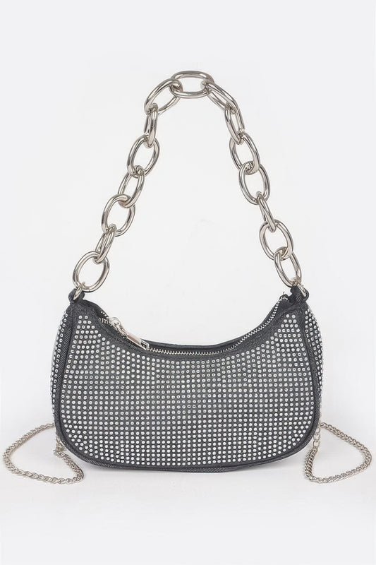 Golden Heir small black hobo bag with hot fix stone embellishments and a chain strap for a stylish look.