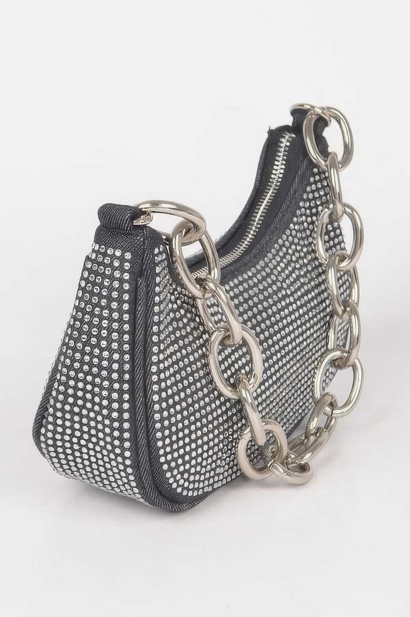 Golden Heir small black hobo bag with gold chain and hot fix stone embellishments, stylish and compact accessory.