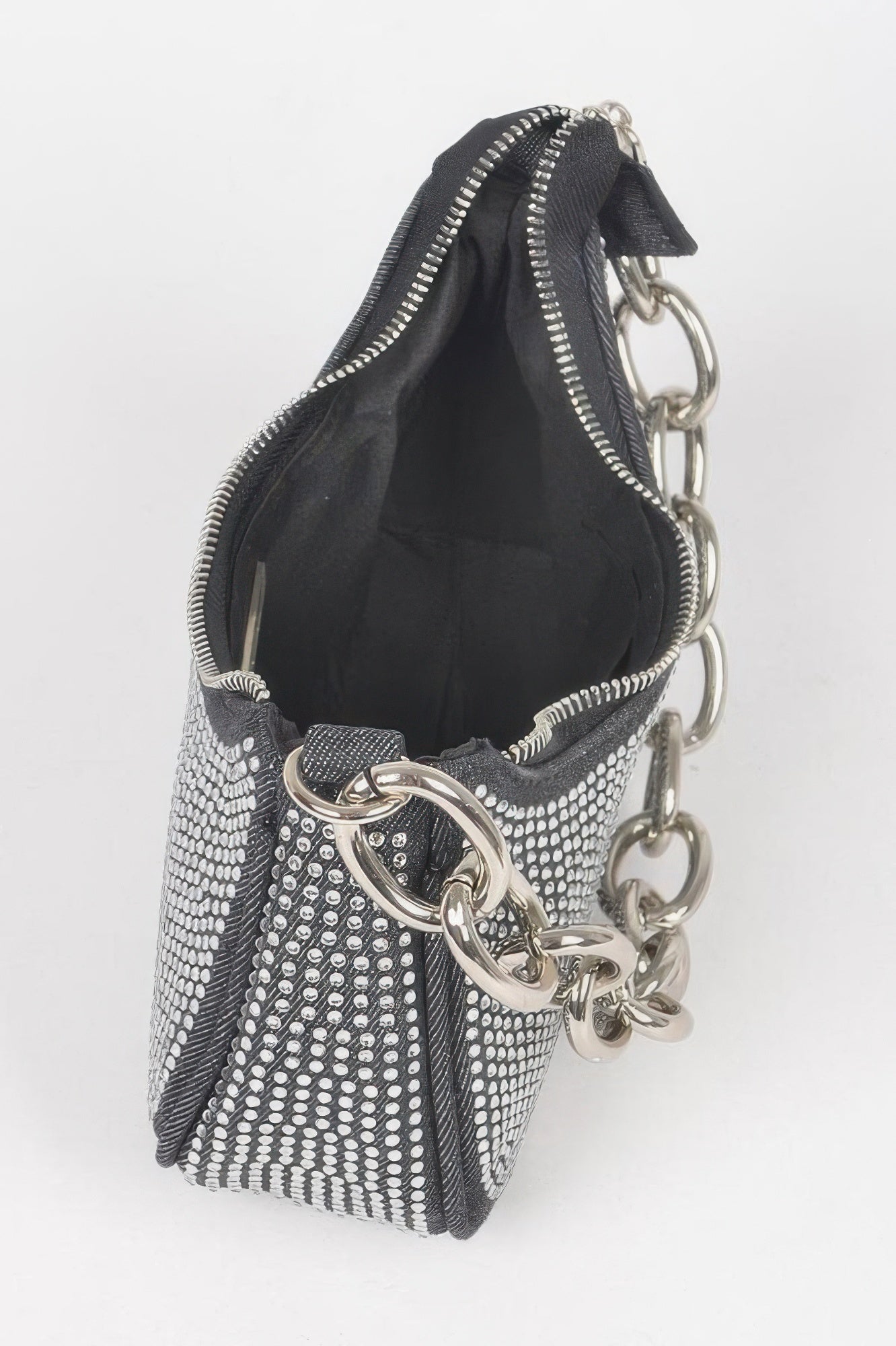 Golden Heir small black hobo bag with gold chain and hot fix stone embellishments, stylish and compact accessory.