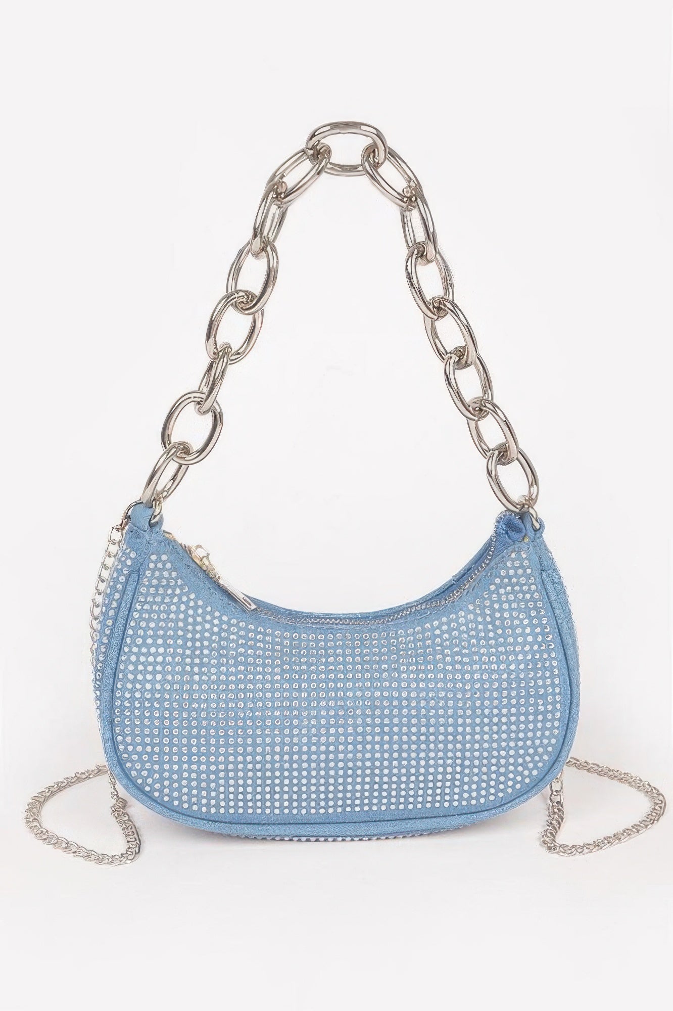 Golden Heir small hobo bag with gold chain and hot fix stone embellishments, stylish black leather accessory.