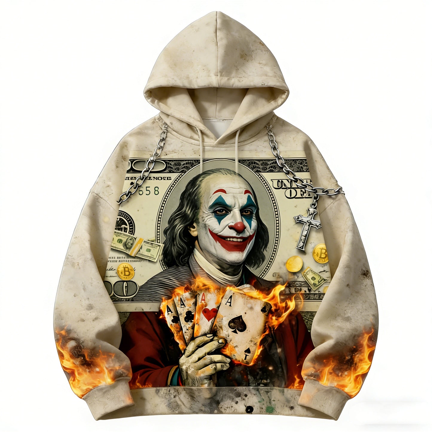 Beige Golden Heir hoodie with casual printed polyester design, featuring a relaxed fit and comfortable hood.
