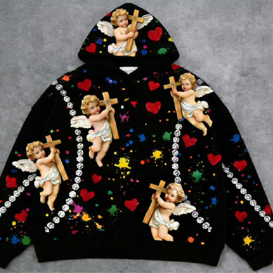 Black hooded men's sweatshirt by Golden Heir with a Little Angel print, featuring a cozy fit and detailed angel graphic.