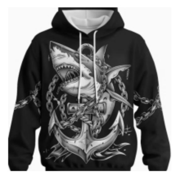Black men's 3D shark pattern hoodie by Golden Heir, featuring a detailed shark design on the front and a comfortable fit.