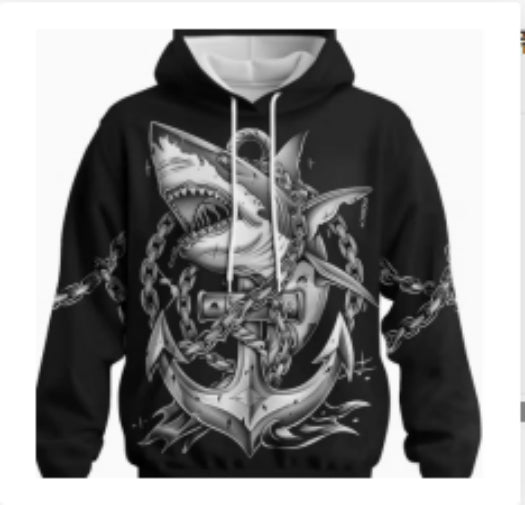 Black men's 3D shark pattern hoodie by Golden Heir, featuring a detailed shark design on the front and comfortable hoodie style.