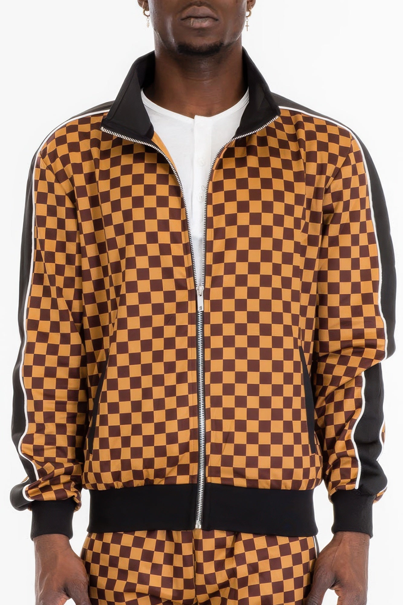 Golden Heir men's full zip checkered jacket in brown, featuring a stylish pattern and comfortable fit.