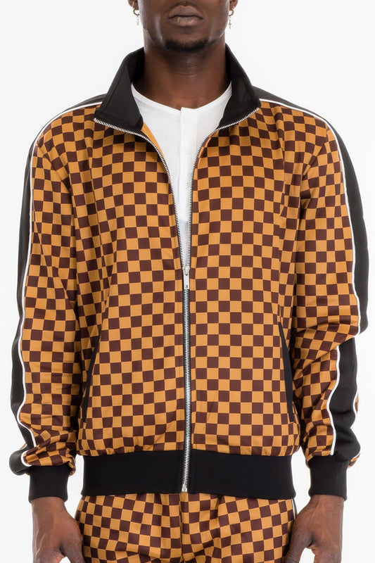 Golden Heir men's full zip checkered jacket in brown, featuring a stylish pattern and comfortable fit.