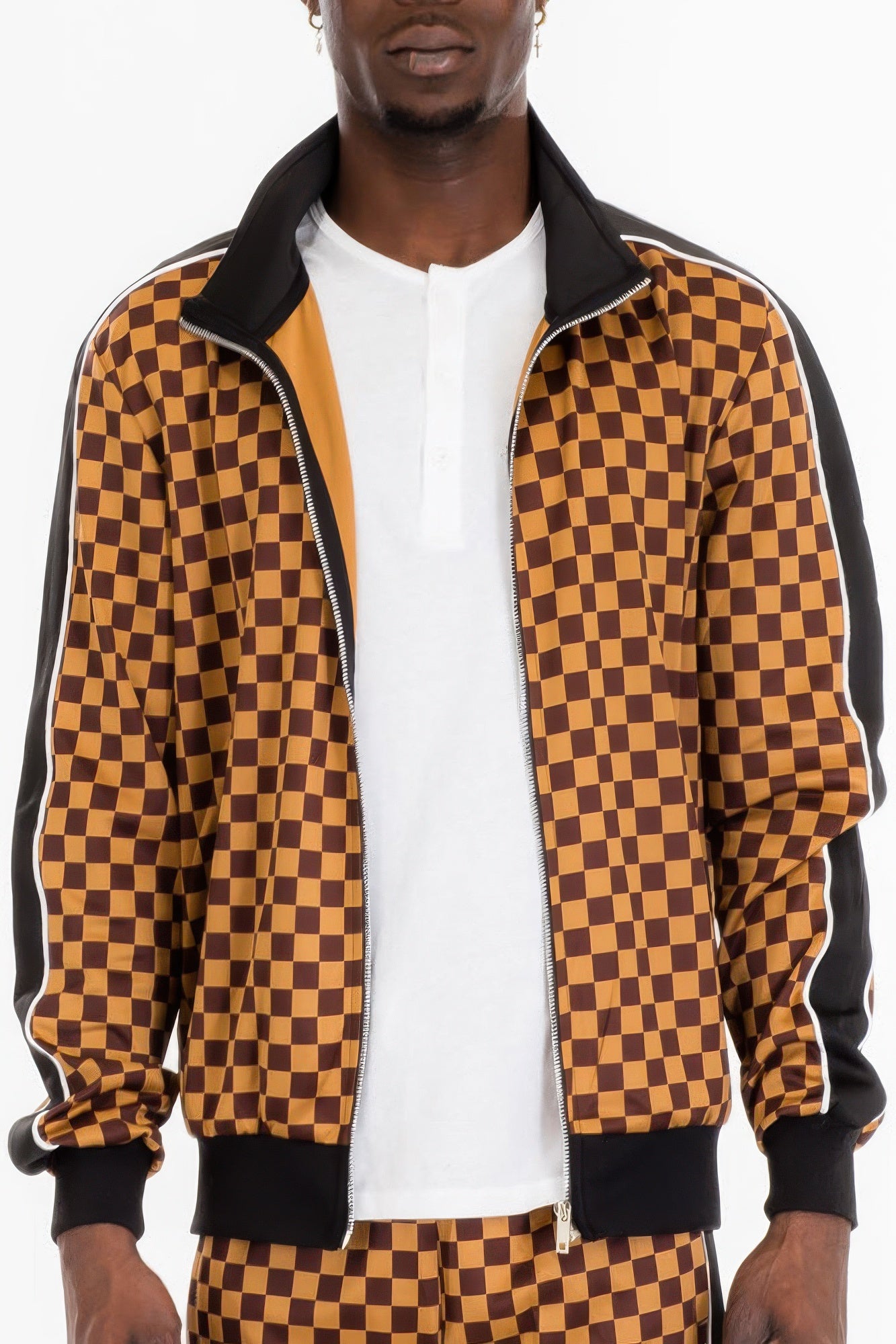 Golden Heir men's full zip checkered jacket in brown, stylish and warm, with a classic checkered pattern and full front zipper.